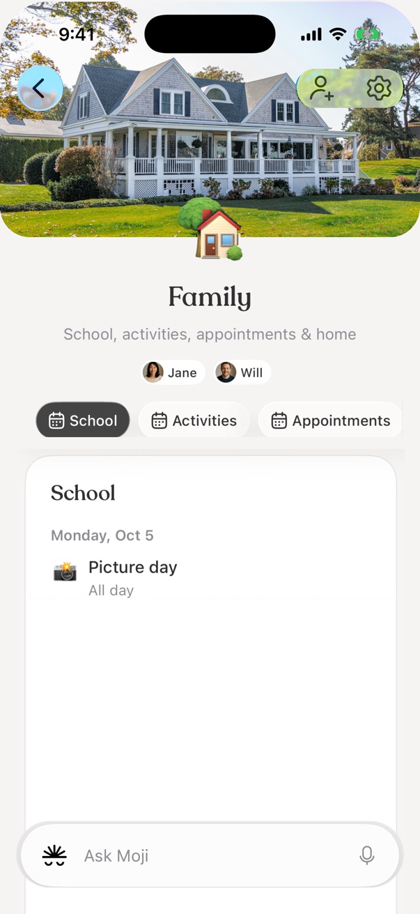 The Family space Jane and Will share in Moji: a house as the cover, both of them as members, and School, Activities and Appointments pages