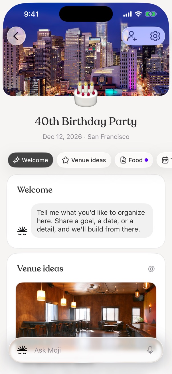 A 40th birthday party space in Moji with venue ideas, a food page with a new update, and a timeline
