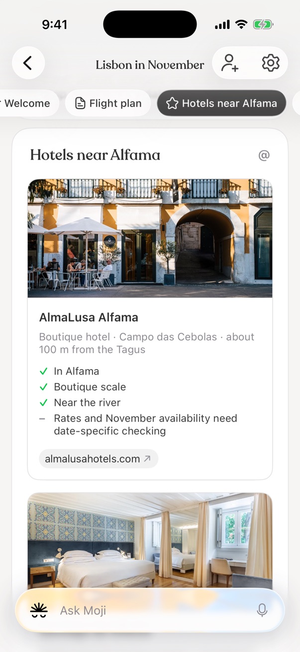 The Lisbon space open to its Hotels near Alfama page: a boutique hotel card with what Moji checked